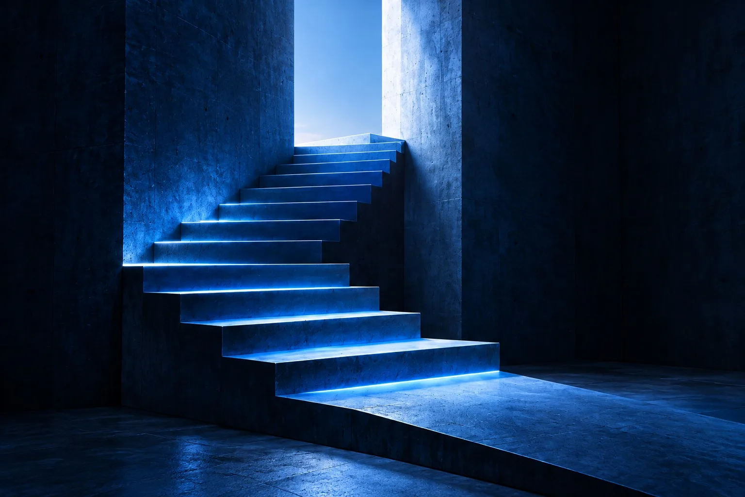 Blue-lit concrete staircase rising toward a bright opening